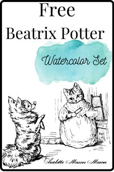 a drawing of a cat and dog sitting next to each other with the caption free beattrix potter watercolor set