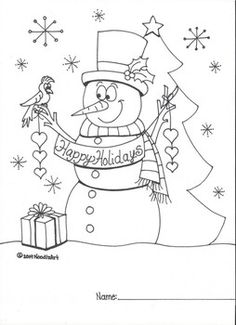 a coloring page with a snowman holding a christmas tree