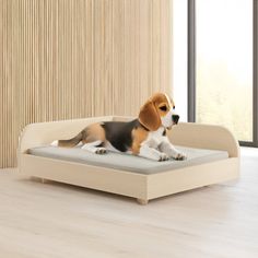 a beagle dog sitting on top of a bed in a room with wooden walls