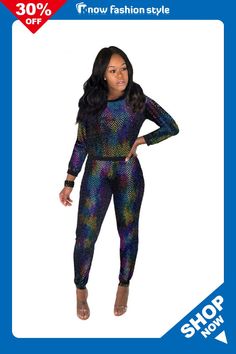 Multi-color adult Sexy Fashion Sequin Two Piece Suits Geometric pencil Long Sleeve Two-piece Pants Se Trendy Non-stretch Party Sets, Multicolor Stretch Party Sets, Multicolor Party Sets For Fall, Fall Party Multicolor Sets, Multicolor Fall Party Sets, Multicolor Long Sleeve Jumpsuits And Rompers For Night Out, Multicolor Long Sleeve Jumpsuit For Night Out, Sequin Two Piece, Wedding Pantsuit