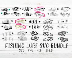 the fishing lure svg bundle is shown on a white wooden background with black and pink fish