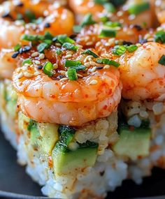 Tropical & Tiki Cocktails: Spicy Shrimp Sushi Stacks Dynamite Shrimp Sushi Bowl, Spicy Shrimp Sushi Stacks, Shrimp Stacks Avocado, Spicy Shrimp Stack, Spicy Salmon Sushi Roll Recipes, Sushi With Avocado, Crispy Shrimp Sushi Cups, Sheet Pan Sushi, Jalapeno Sushi Roll