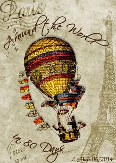 an old postcard with the eiffel tower and hot air balloon on it