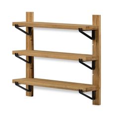 three wooden shelves with black metal brackets on each side and one shelf holding two bookshelves