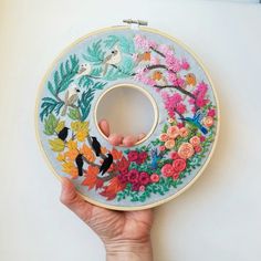 a hand holding up a embroidery hoop with birds and flowers on it