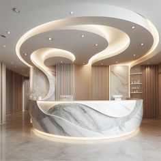 an elegant marble reception area with circular lights and white marble countertop, along with built - in shelving