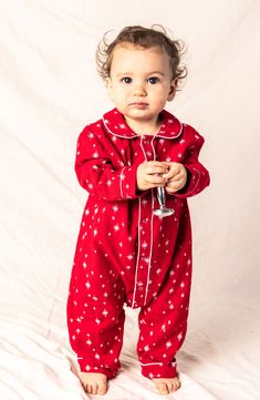 With classic tailored details, these baby-size pajamas have plenty of style and are made from soft brushed flannel for cozy comfort. Meets Consumer Product Safety Commission's flammability standards for children's sleepwear 60% cotton, 40% modacrylic Machine wash, dry flat Imported Long Sleeve Sleepwear With Star Print For Bedtime, Long Sleeve Star Print Sleepwear, Long Sleeve Sleepwear With Star Print, Red Long Sleeve Onesie For Loungewear, Red Winter Onesie For Sleep, Red Winter Sleep Onesie, One Piece Pajamas, Consumer Products, Baby Size