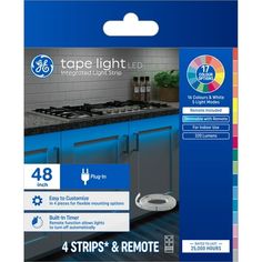 a package of tape light for kitchen cabinets with blue and white colors on the side