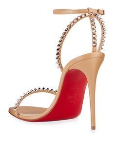 Christian Louboutin leather sandals with spike trim. 4" covered stiletto heel. Strap bands open toe. Adjustable ankle strap. d'Orsay silhouette. Signature red leather sole. Made in Italy. Louboutin Spiked Heels, Feminine Shoes, So Me, Christian Louboutin Heels, Spike Heels, Red Sole, Shoe Closet, Trendy Shoes, Dream Jewelry