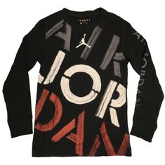 Air Jordan Long Sleeve T-Shirt Boys Small Black w Red White Gray Graphic Print NEW Size:  Youth Boy's Small (Length 22", Chest 15") Condition: New Model: 95A073-023 Shipping: Items ship next business day unless it's a holiday. Your tracking number will be uploaded to eBay asap. We only ship to a confirmed PayPal address, no exceptions. Items ordered on weekdays before 3:00 pm (EST) will be shipped same day. Returns: We accept returns within 30 days of purchase date if product does not match list Black Logo Print T-shirt For Fall, Black Nike Cotton T-shirt, Red Long Sleeve T-shirt With Logo Print, Black Cotton T-shirt For Fall, Red Long Sleeve Top With Text Print, Red T-shirt For Fall Streetwear, Sporty Black T-shirt For Fall, Black Nike T-shirt With Letter Print, Nike Black T-shirt With Letter Print