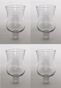 four different shots of clear glass vases on white background, side by side with each other