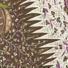 an image of a brown and white wallpaper with purple flowers on the bottom half