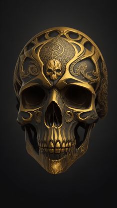 a golden skull with intricate designs on it