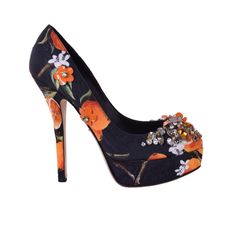 Luxury Heels For Fashion Events, Floral Print Wedding Heels, Luxury Floral Print Heels For Formal Occasions, Designer Floral Print Heels For Formal Occasions, Crystals Black, Dolce And Gabbana Blue, Dolce Gabbana Shoes, Bow Pumps, Black And White Sneakers