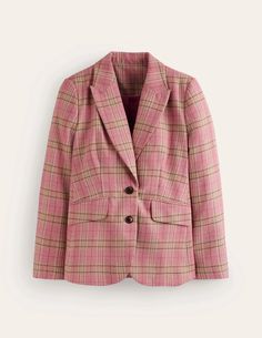 Marylebone Cotton Blazer - Pink Check | Boden US Classic Cotton Blazer With Concealed Placket, Cotton Blazer With Double Button Closure For Office, Classic Cotton Tweed Jacket With Notch Lapel, Tailored Blazer With Spread Collar For Fall, Cotton Blazer With Hidden Button Closure For Office, Single-breasted Cotton Blazer For Office, Classic Tailored Cotton Tweed Jacket, Cotton Office Blazer With Suit Collar, Cotton Blazer With Suit Collar For Office