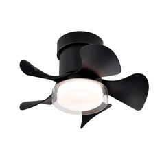 a black ceiling fan with three blades on it's blade and light bulb in the center