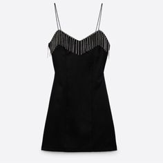 Zara Women's Black Rhinestone Fringe Mini Dress 0387/189 Size Large Nwot Fringed Mini Dress Size: Xl V-Neck Dress With Rhinestone Fringe Spaghetti Straps . Back Hidden In-Seam Zip Closure. Black Rhinestone Fringe Dress, Summer Rhinestone Fringe Dress For Date Night, Summer Dresses With Rhinestone Fringe For Date Night, Chic Black Mini Dress With Rhinestone Fringe, Elegant Rhinestone Fringe Dress For Date Night, Black Mini Dress With Rhinestone Fringe For Cocktail, Elegant Spring Dresses With Rhinestone Fringe, Black Fitted Dress With Rhinestone Fringe, Fitted Black Dress With Rhinestone Fringe