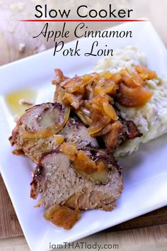 slow cooker apple cinnamon pork loin on a white plate