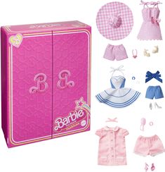 barbie doll clothes and accessories are shown in this image, including a pink wardrobe with gingham checkers on it