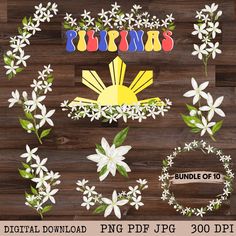 digital paper flowers and wreaths with the words spring on them, including white daisies