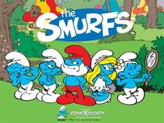 the smurfs movie poster with cartoon characters in front of trees and park area