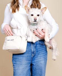 a woman holding two small white dogs in her arms