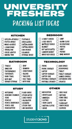 a printable university freshers packing list with the text,'university freshers packing list ideas '