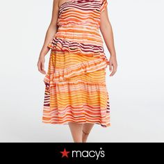 in stock Orange Ruffled Midi Dress For Vacation, Tiered Ruffle Midi Dress For Day Out, Orange Ruffled Midi Dress For The Beach, Spring Vacation Midi Dress With Ruffled Skirt, Casual Orange Ruffled Maxi Dress, Orange Summer Midi Dress With Ruffles, Casual Orange Maxi Dress With Ruffles, Orange Tiered Skirt Dress For Spring, One-shoulder Ruffled Midi Dress For Summer