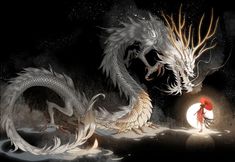 two white and red dragon sitting on top of a black surface next to each other