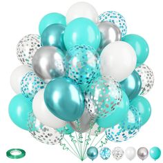 a bunch of balloons and confetti on a white background with blue, silver, and white colors