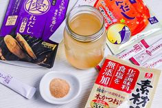 dashi made with granules in a jar surrounded by various packs of dashi granules Dashi Stock, Cooking Game, Japan Culture, Cooking Games, In A Jar, Japanese Food, Aesthetic Photography