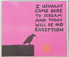 a pink poster with a black crow sitting on the edge of a cliff in front of an orange ball