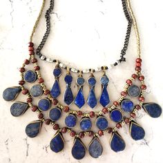 Beautiful Custom Layered Lapis & Silver Necklace From Pakistan! Gorgeous In Person! Adjustable Blue Bib Necklace For Festivals, Adjustable Blue Bib Necklaces For Festivals, Blue Bohemian Bib Necklace, Middle Eastern Jewelry, Jewelry Silver, Silver And Gold, Middle Eastern, Blue Gold, Pakistan