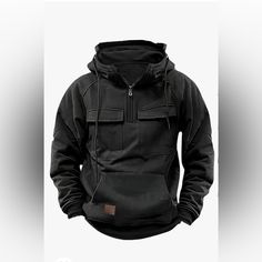 Endlapin Men Tactical Sweatshirt Quarter Zip Cargo Pullover Hoodies Sports Running Outdoor Winter Jackets Brand New Xxl Functional Black Hoodie For Hiking, Black Techwear Hooded Jacket With Side Pockets, Functional Black Hoodie With Pockets, Black Functional Hoodie For Hiking, Outdoor Black Hoodie With Pockets, Functional Hooded Sweatshirt With Pockets, Black Techwear Hoodie With Pockets, Functional Winter Sweatshirt With Pockets, Military Style Long Sleeve Sweatshirt For Outdoor