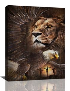 a painting of a lion and two birds with the cross in the background on a canvas