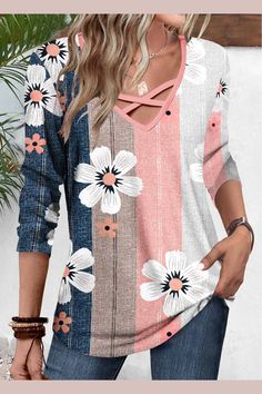 ROTITA Patchwork Floral Print Multi Color V Neck T Shirt Pink V-neck Patchwork Top, Mix Match Outfits, Stripe Outfits, Chic Blouses, Lovely Tops, Tees For Women, Shirt Sale, Womens Clothing Tops, Long Sleeve T Shirt