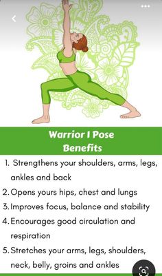 a woman doing yoga poses with the words warrior pose benefits on her chest and arms