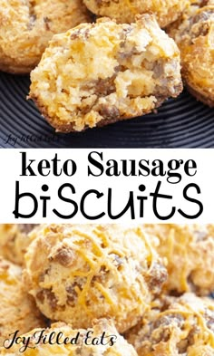 keto sausage biscuits on a plate with the words keto sausage biscuits