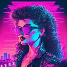 a woman wearing sunglasses and a leather jacket in front of a neon cityscape