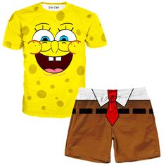 a yellow shirt and brown shorts with an image of spongebob wearing a red tie