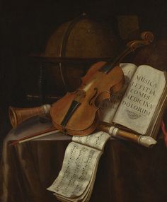 an oil painting of a violin and music books