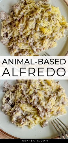 two plates with food on them and the words animal - based alfredo written in large letters