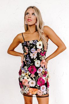 black mini dress, embroidered, flowers, spaghetti straps Dream World, Style Party, Pink Mini Dresses, Floral Applique, Shoes With Jeans, Mesh Material, Romper Pants, Dress Size Chart, White Mini Dress