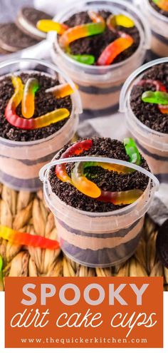 spooky dirt cake cups with gummy worms in them and text overlay that says spooky dirt cake cups