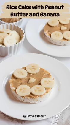 there is a cake with peanut butter and banana slices on the plate next to it