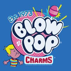 the logo for blow pop charms on a blue background with an image of a cartoon character