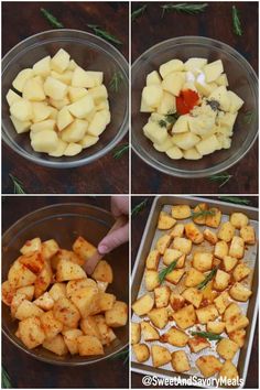 four pictures showing how to make potatoes in the oven