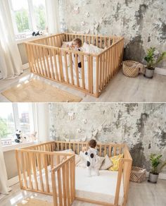 two pictures of a baby in a crib