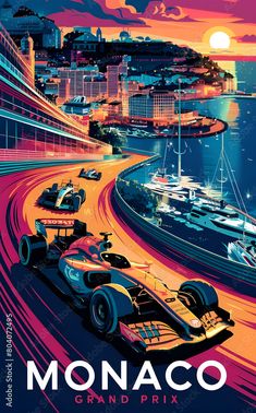 the monaco grand prix poster shows two racing cars in front of a cityscape