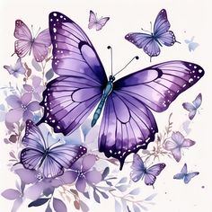 a bunch of purple butterflies flying over some flowers